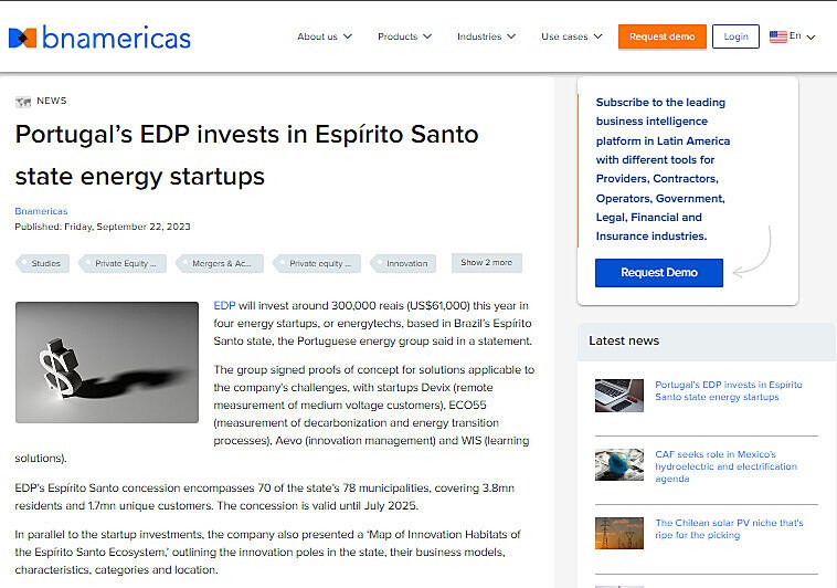 Portugals EDP invests in Esprito Santo state energy startups